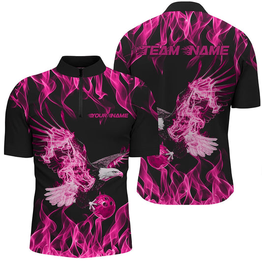 Individuelle Schwarz-Rosa Flammen-Adler Bowling-Team Herren-Quarter-Zip-Shirts, Adler Bowling Liga Shirt IPHW8791