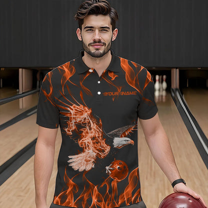 Maßgeschneiderte Schwarz-Orange Flammen-Adler Bowling-Team Herren-Poloshirts, Adler-Bowling-Liga-Shirt IPHW8792