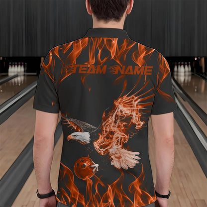 Maßgeschneiderte Schwarz-Orange Flammen-Adler Bowling-Team Herren-Poloshirts, Adler-Bowling-Liga-Shirt IPHW8792