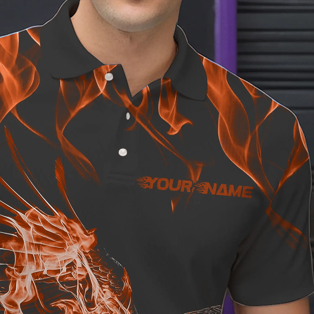 Maßgeschneiderte Schwarz-Orange Flammen-Adler Bowling-Team Herren-Poloshirts, Adler-Bowling-Liga-Shirt IPHW8792