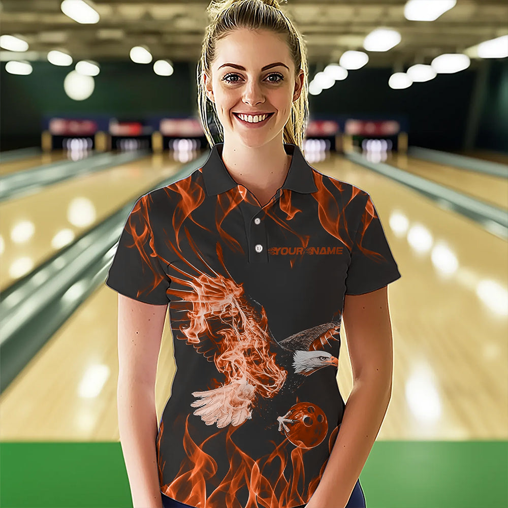 Maßgeschneiderte Schwarz-Orange Flammen-Adler Bowling-Team Damen-Poloshirts, Bowling-Liga-Shirt IPHW8792