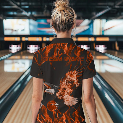 Maßgeschneiderte Schwarz-Orange Flammen-Adler Bowling-Team Damen-Poloshirts, Bowling-Liga-Shirt IPHW8792