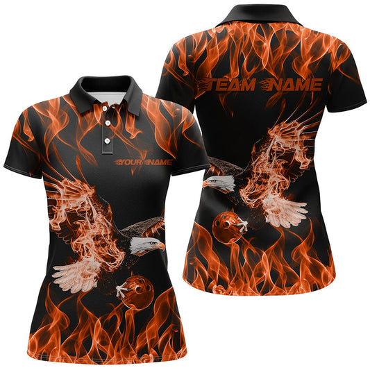 Maßgeschneiderte Schwarz-Orange Flammen-Adler Bowling-Team Damen-Poloshirts, Bowling-Liga-Shirt IPHW8792