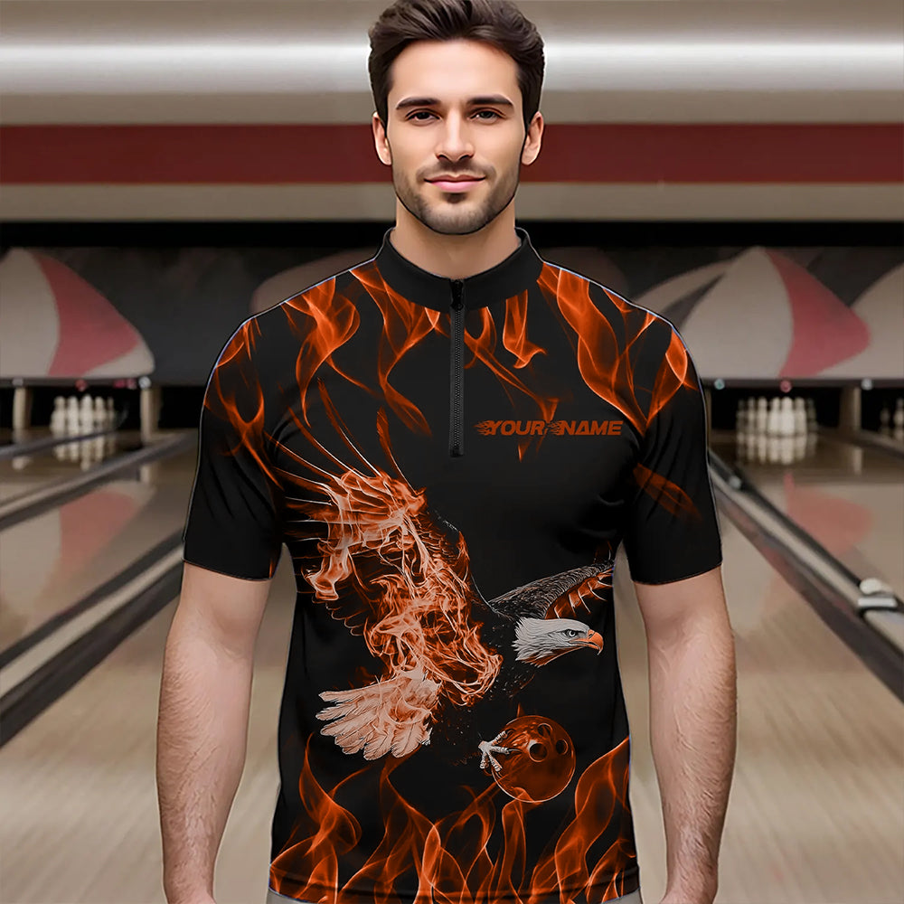 Maßgeschneiderte Schwarz-Orange Flammen-Adler Bowling-Team Herren-Quarter-Zip-Shirts, Adler-Bowling-Liga-Shirt IPHW8792