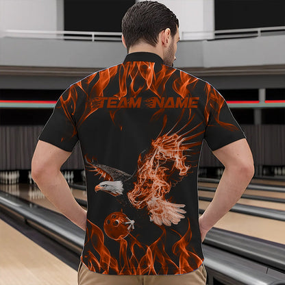 Maßgeschneiderte Schwarz-Orange Flammen-Adler Bowling-Team Herren-Quarter-Zip-Shirts, Adler-Bowling-Liga-Shirt IPHW8792