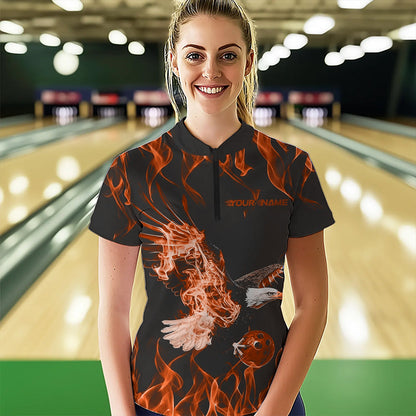 Maßgeschneiderte Schwarz-Orange Flammen-Adler Bowling-Team Damen-Quarter-Zip-Shirts, Bowling-Liga-Shirt IPHW8792