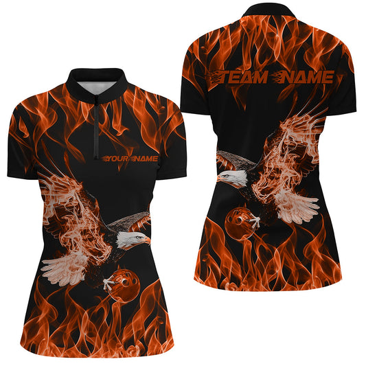 Maßgeschneiderte Schwarz-Orange Flammen-Adler Bowling-Team Damen-Quarter-Zip-Shirts, Bowling-Liga-Shirt IPHW8792