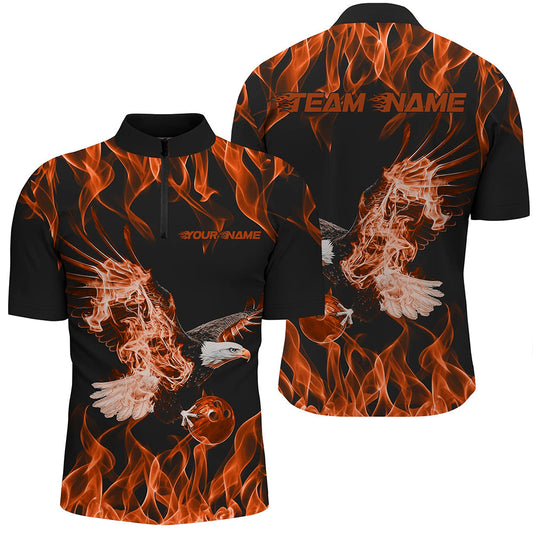 Maßgeschneiderte Schwarz-Orange Flammen-Adler Bowling-Team Herren-Quarter-Zip-Shirts, Adler-Bowling-Liga-Shirt IPHW8792