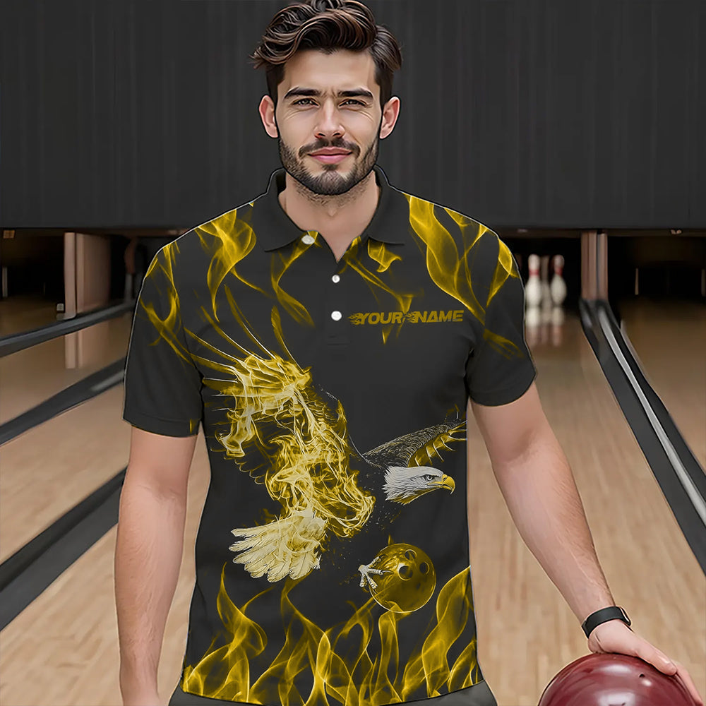Maßgeschneiderte Schwarz-Gelb Flammen-Adler Bowling-Team Herren-Poloshirts, Adler-Bowling-Liga-Shirt IPHW8793