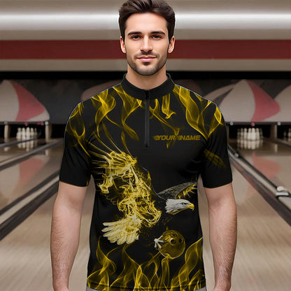 Maßgeschneiderte Schwarz-Gelb Flammen-Adler Bowling-Team Herren-Quarter-Zip-Shirts, Adler-Bowling-Liga-Shirt IPHW8793