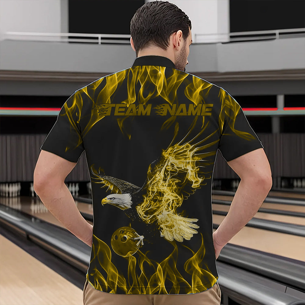 Maßgeschneiderte Schwarz-Gelb Flammen-Adler Bowling-Team Herren-Quarter-Zip-Shirts, Adler-Bowling-Liga-Shirt IPHW8793