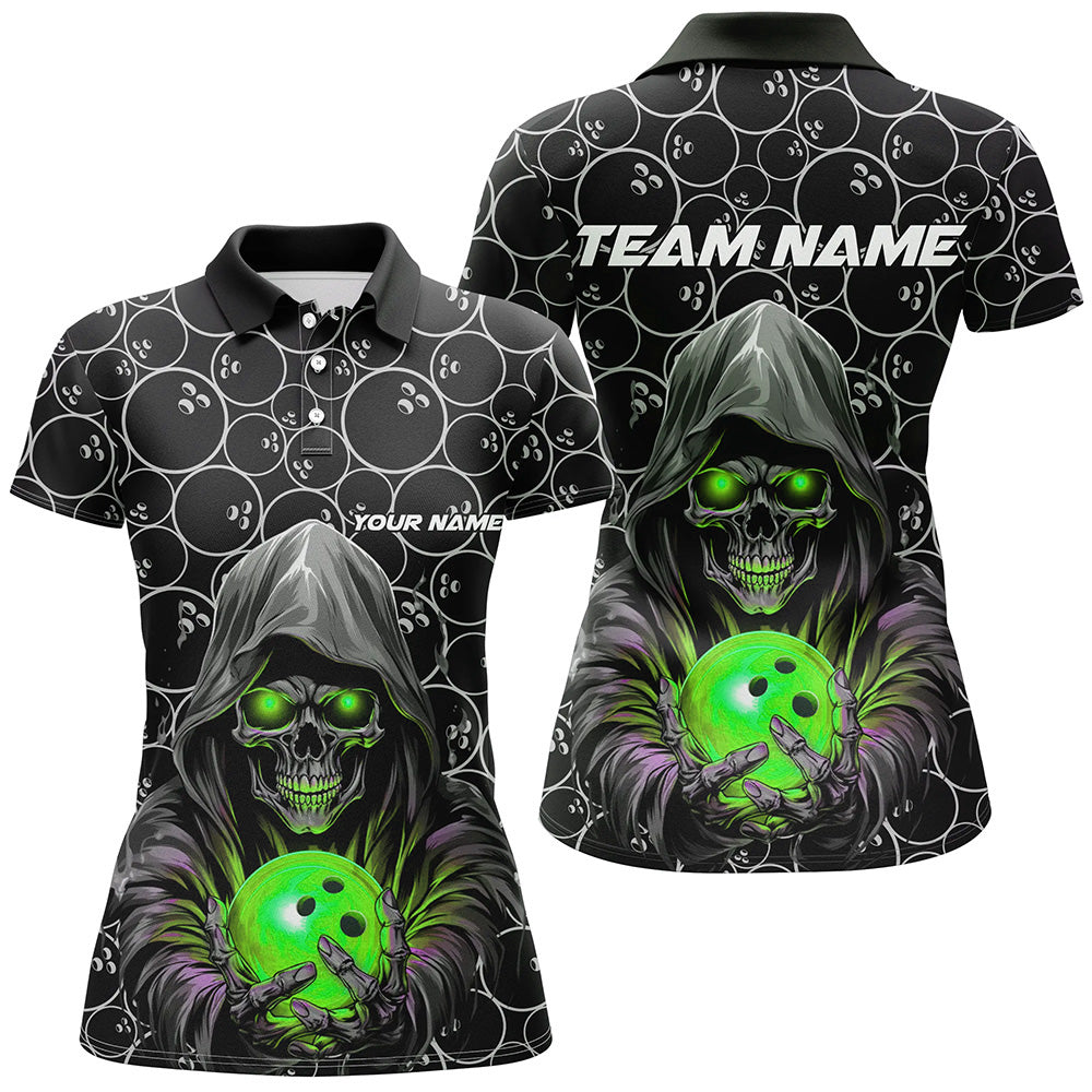Individuelle Bowler-Outfits, Schädel-Grün-Bowling-Polohemden für Damen, Bowlingliga-Team-Trikots IPHW5389