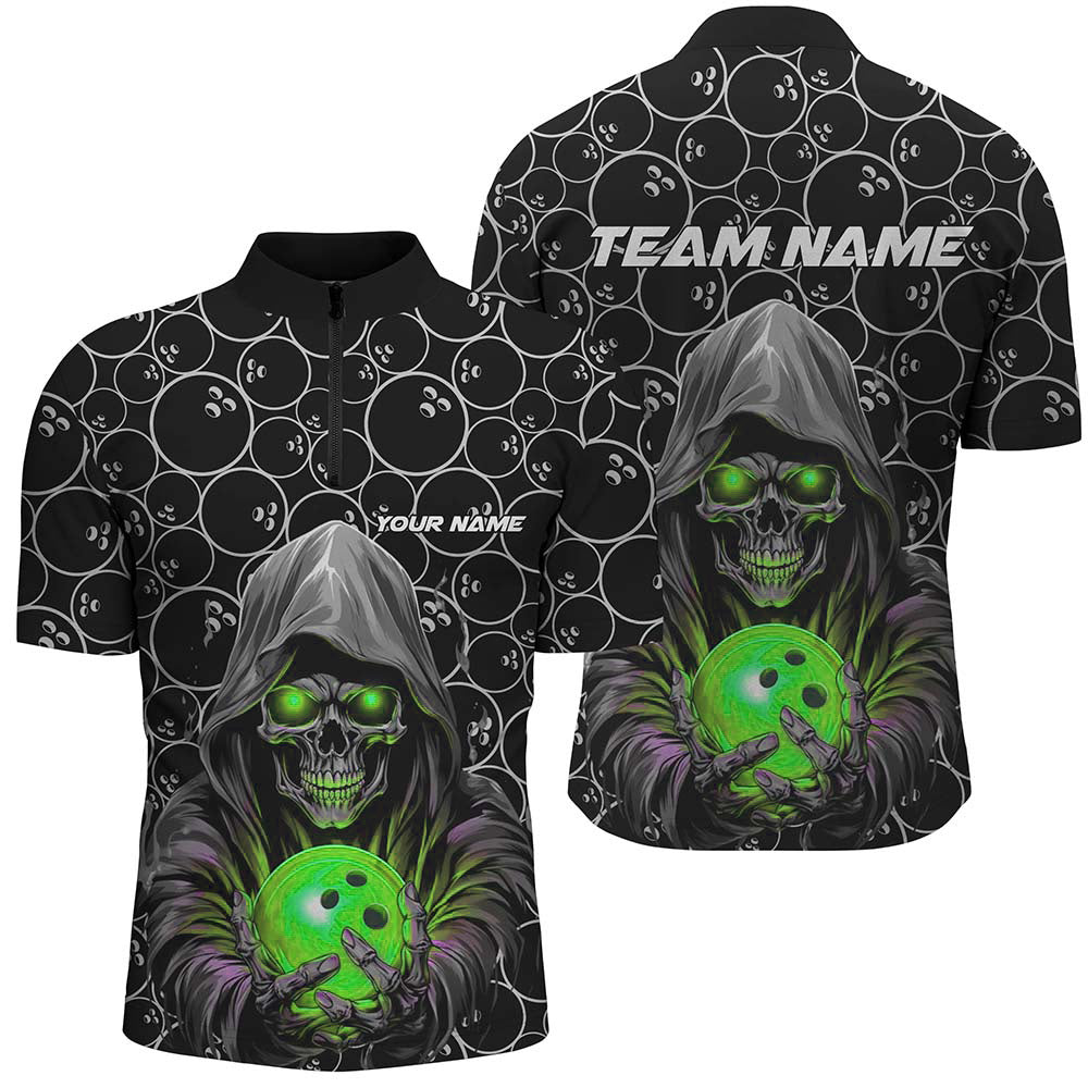 Individuelle Bowler-Outfits, Schädel-Grün-Bowling-Quarter-Zip-Hemden für Herren, Bowlingliga-Team-Trikots IPHW5389