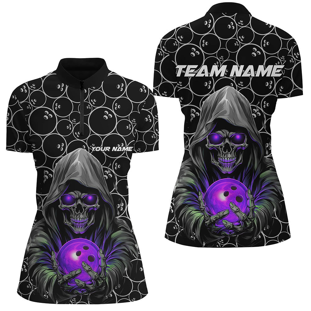 Individuelle Bowler-Outfits, Schädel-Lila-Bowling-Quarter-Zip-Hemden für Damen, Bowlingliga-Trikots IPHW5390