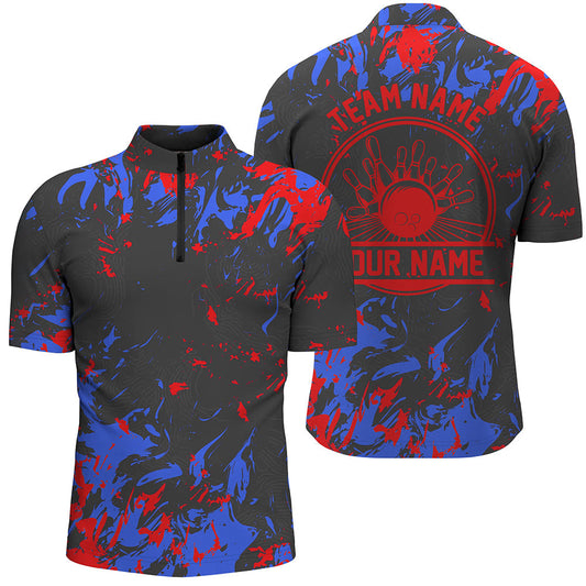 Personalisierte Bowling-Quarter-Zip-Hemden, Bowlingkugeln und Pins, Bowlingteam-Hemden | Blau und Rot IPHW5399