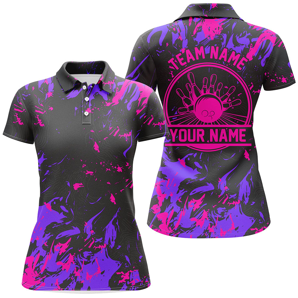 Individuelle Damen-Bowling-Polohemden, Bowlingkugeln und Pins, Bowlingteam-Hemden | Pink Lila IPHW5401