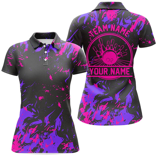 Individuelle Damen-Bowling-Polohemden, Bowlingkugeln und Pins, Bowlingteam-Hemden | Pink Lila IPHW5401