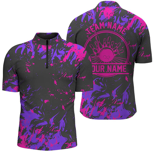 Personalisierte Bowling-Quarter-Zip-Hemden, Bowlingkugeln und Pins, Bowlingteam-Hemden | Pink Lila IPHW5401