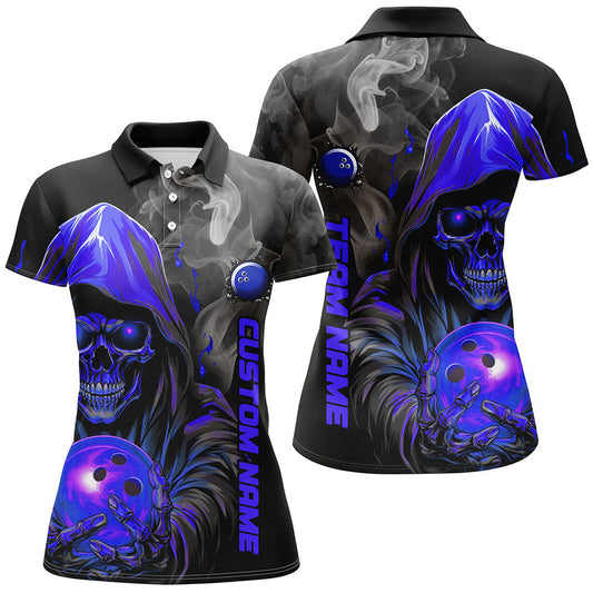 Personalisierte blaue Schädel-Damen-Bowlingteam-Trikots, Smoke-Bowling-Polohemden für Bowler IPHW5406