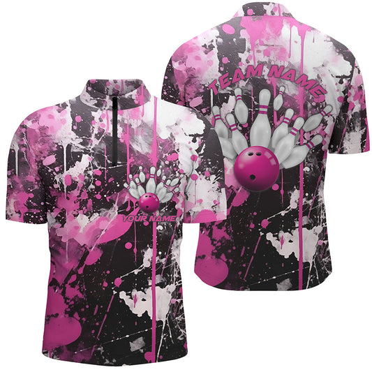 Pinke Camo-Bowlingteam-Hemden für Herren, Quarter-Zip-Hemden, personalisierte Bowlingliga-Trikots, "Strike"-Bowling IPHW5411