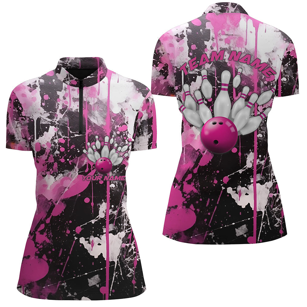 Pink Camo-Bowlingteam-Hemden für Damen, Quarter-Zip-Hemden, individuelle Bowlingliga-Trikots IPHW5411