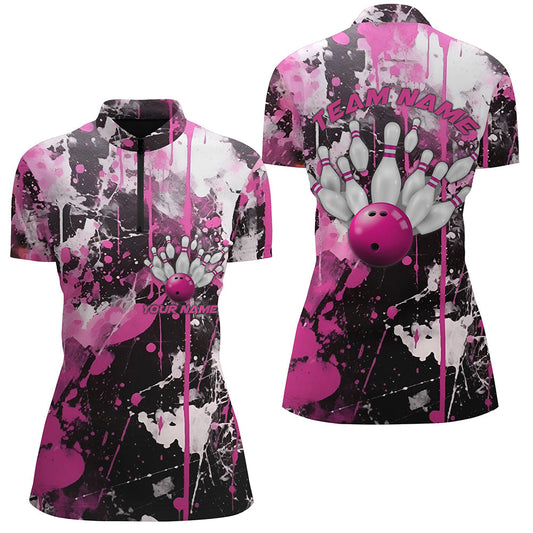 Pink Camo-Bowlingteam-Hemden für Damen, Quarter-Zip-Hemden, individuelle Bowlingliga-Trikots IPHW5411