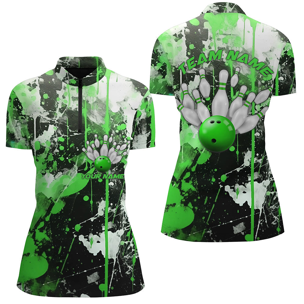 Grüne Camo-Bowlingteam-Hemden für Damen, Quarter-Zip-Hemden, individuelle Bowlingliga-Trikots IPHW5414
