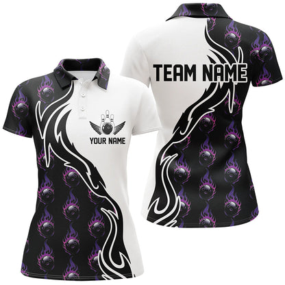 Lila Flammen-Bowlingkugel-Polohemd für Damen, individuelle Bowlingtrikots mit Teamnamen IPHW6947