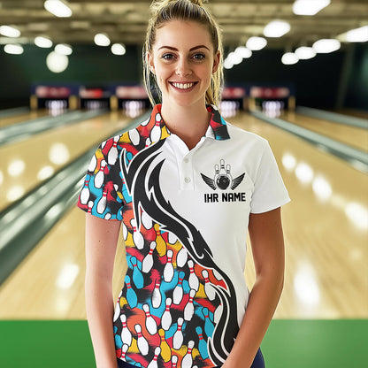 Bunte Bowling-Pins, individuelle Damen-Bowling-Polohemden, Flammen-Bowling-Outfits für Bowler IPHW6951