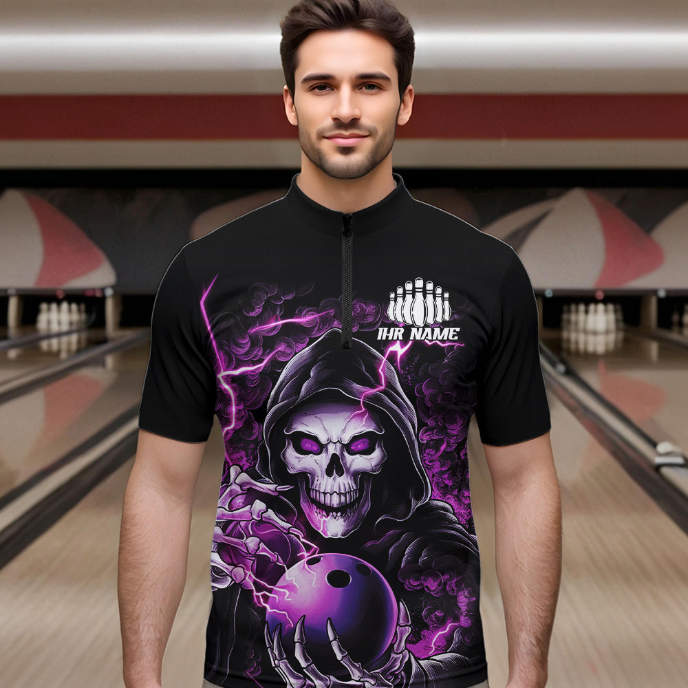 Individuelle lila Schädel-Bowling-Quarter-Zip-Hemden für Herren, personalisierte Halloween-Bowlingteam-Hemden IPHW6802