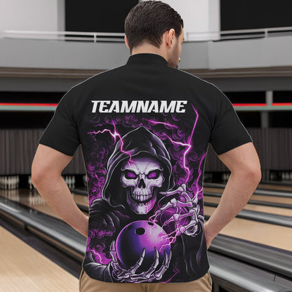 Individuelle lila Schädel-Bowling-Quarter-Zip-Hemden für Herren, personalisierte Halloween-Bowlingteam-Hemden IPHW6802