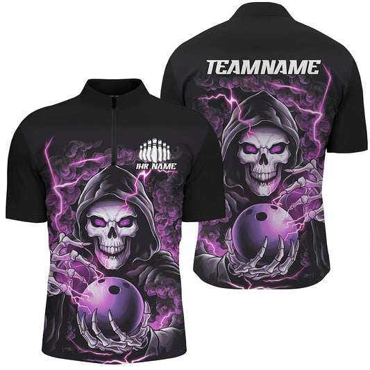 Individuelle lila Schädel-Bowling-Quarter-Zip-Hemden für Herren, personalisierte Halloween-Bowlingteam-Hemden IPHW6802