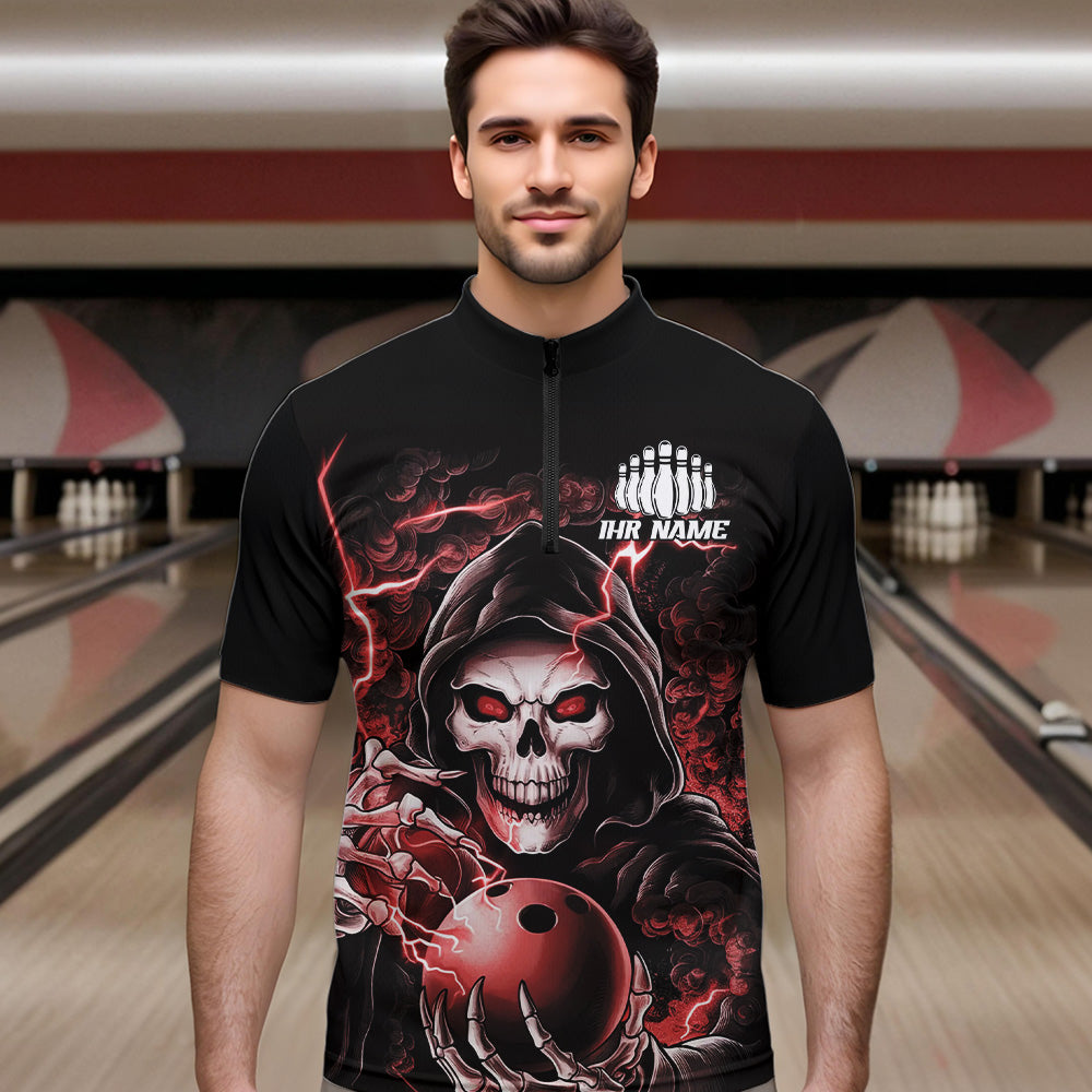 Individuelle rote Schädel-Bowling-Quarter-Zip-Hemden für Herren, personalisierte Halloween-Bowlingteam-Hemden IPHW6803