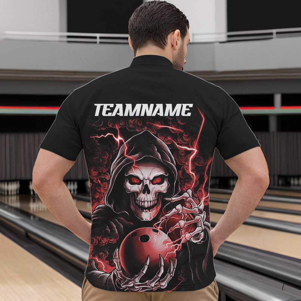 Individuelle rote Schädel-Bowling-Quarter-Zip-Hemden für Herren, personalisierte Halloween-Bowlingteam-Hemden IPHW6803