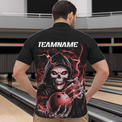 Individuelle rote Schädel-Bowling-Quarter-Zip-Hemden für Herren, personalisierte Halloween-Bowlingteam-Hemden IPHW6803