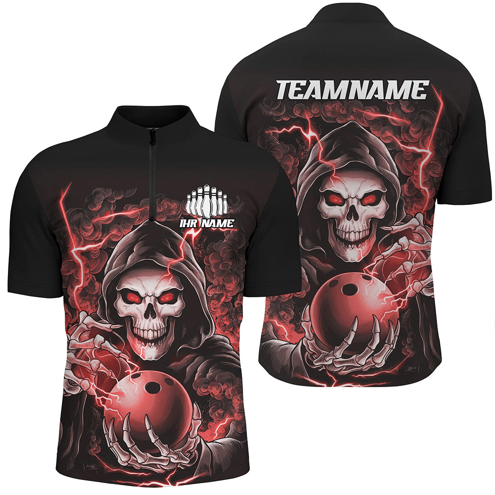 Individuelle rote Schädel-Bowling-Quarter-Zip-Hemden für Herren, personalisierte Halloween-Bowlingteam-Hemden IPHW6803