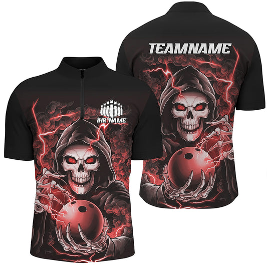 Individuelle rote Schädel-Bowling-Quarter-Zip-Hemden für Herren, personalisierte Halloween-Bowlingteam-Hemden IPHW6803