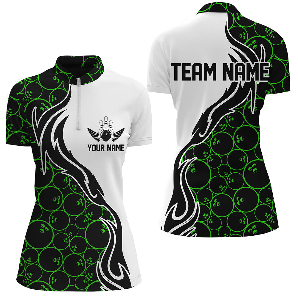 Grünes Bowling-Muster Maßgeschneiderte Damen-Bowlingshirts mit Viertelreißverschluss Flammen-Bowling-Team-Trikots IPHW5308