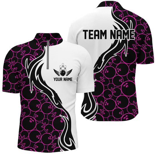 Pinke Bowling-Muster, individuelle Herren-Bowling-Quarter-Zip-Hemden, Flammen-Bowlingteam-Trikots, Turnier IPHW5309