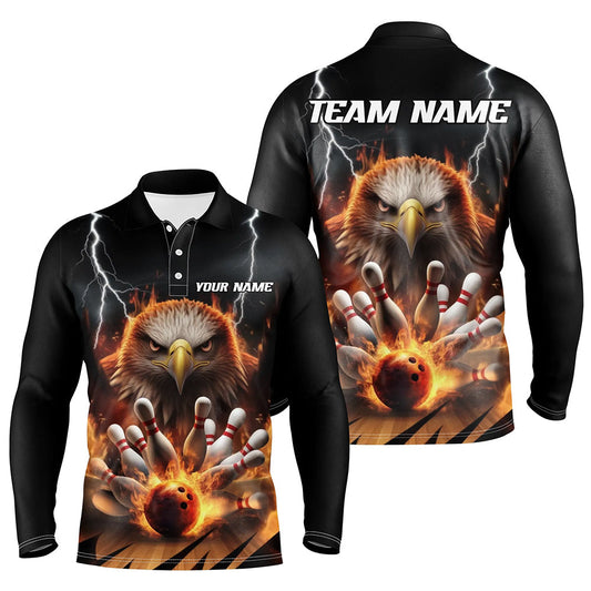 Donner-Blitz Maßgefertigte Flammen-Adler Bowling-Langarm-Polo-Shirts für Herren, Feuer-Bowling-Trikots IPHW7581