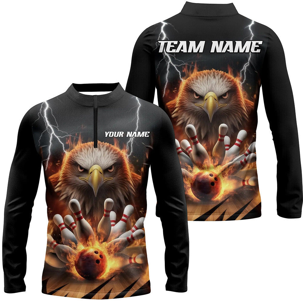 Donner-Blitz Maßgefertigte Flammen-Adler Bowling-Langarm-Quarter-Zip-Shirts für Herren, Feuer-Bowling-Trikots IPHW7581