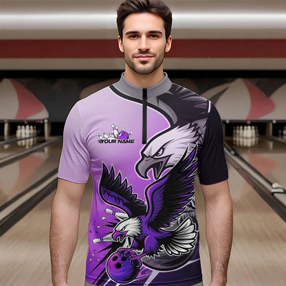 Individuelle Adler-Bowling-Trikots mit Namen, Lila Adler-Bowlingliga Herren-Quarter-Zip-Shirts IPHW8763