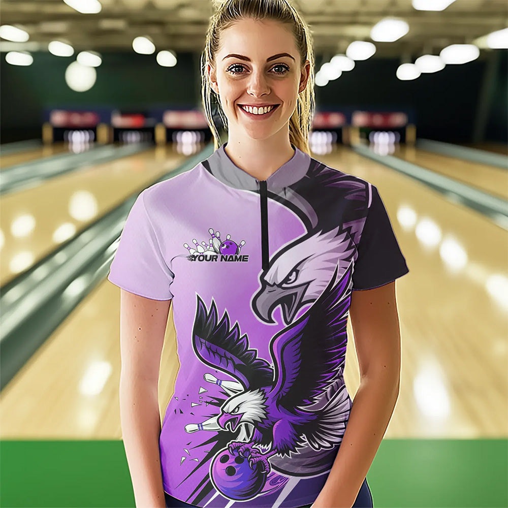 Individuelles Adler-Bowling-Trikot mit Name, Lila Adler-Bowlingliga Damen-Quarter-Zip-Shirt IPHW8763