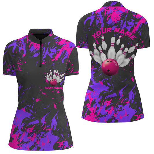 Lila und pinke Camo-Bowlingteam-Hemden für Damen, individuelle Quarter-Zip-Bowlingliga-Hemden IPHW5365
