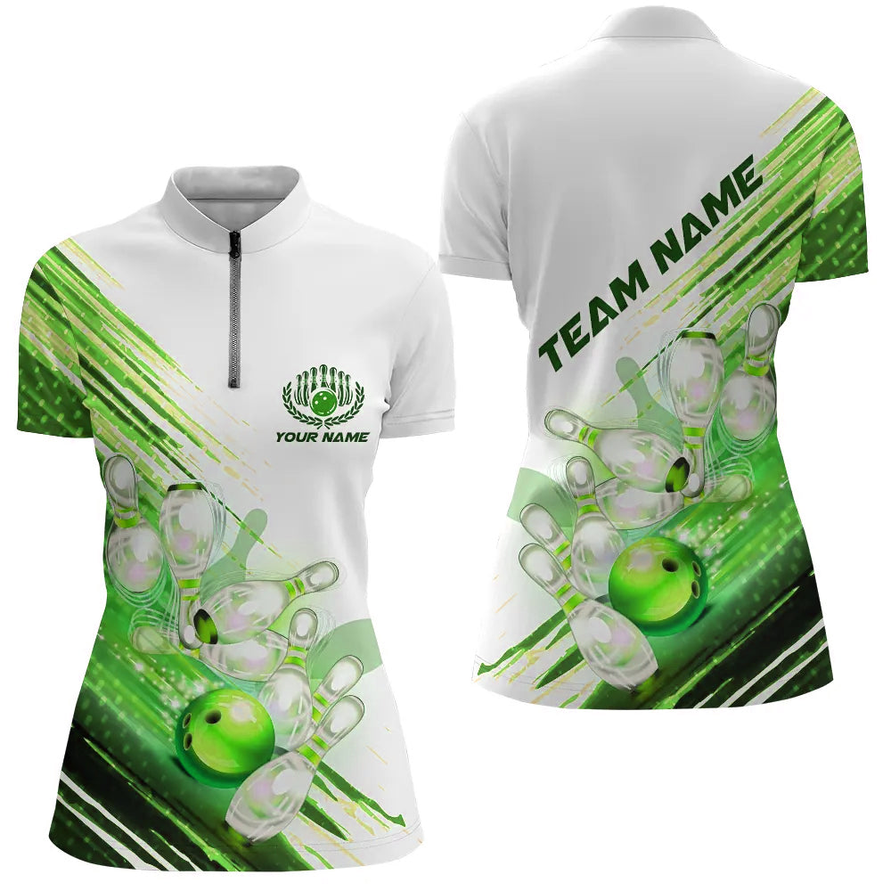 Grüne individuelle Bowlinghemden für Damen, Bowling-Quarter-Zip-Hemden, personalisierte Bowlingteam-Trikots IPHW5371