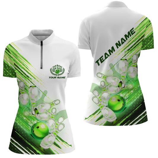 Grüne individuelle Bowlinghemden für Damen, Bowling-Quarter-Zip-Hemden, personalisierte Bowlingteam-Trikots IPHW5371