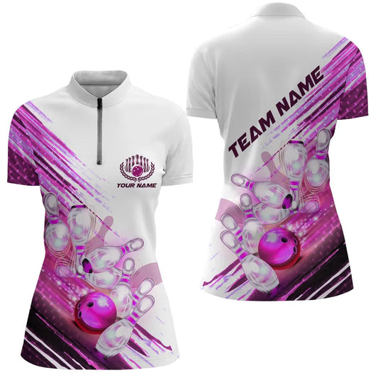 Individuelles pinkes Bowling-Quarter-Zip-Hemd für Damen, Damen-Bowlinghemden, Bowlinguniform IPHW5372