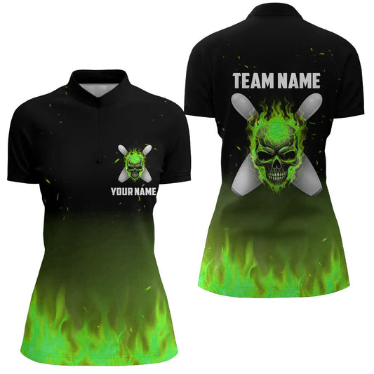 Grüne Flammen-Schädel-Damen-Bowling-Quarter-Zip-Hemden, individuelle Bowlingteam-Trikots IPHW5373