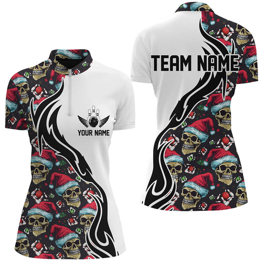 Individuelle Damen-Bowling-Quarter-Zip-Hemden, Weihnachts-Schädel-Bowlingteam-Trikots, Bowler-Geschenke IPHW5378