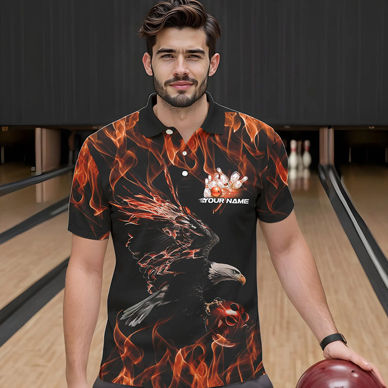 Maßgeschneiderte Schwarz-Orange Flammen-Adler Bowling-Team Herren-Poloshirts, Adler-Bowling-Liga-Shirt IPHW8799
